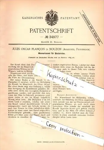 Original Patent -  J. O. Plancon à Nouzon / Nouzonville , 1885 , Chauffe-eau pour la boulangerie !!!