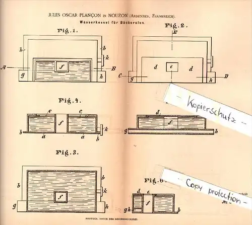 Original Patent -  J. O. Plancon à Nouzon / Nouzonville , 1885 , Chauffe-eau pour la boulangerie !!!