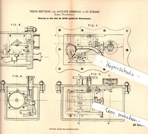 Original Patent - Pierre Berthon et Auguste Debenoit à Saint Etienne , 1884 , compteur d'eau !!!