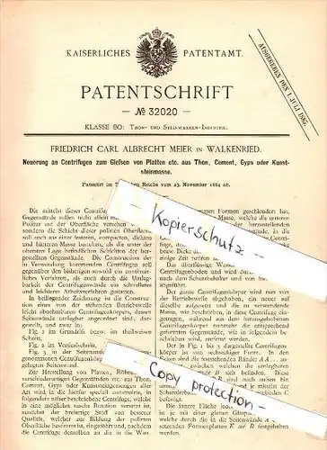 Original Patent - F.C. Meier in Walkenried b. Osterode a. Harz , 1884 , Centrifuge zum Gießen von Platten !!!