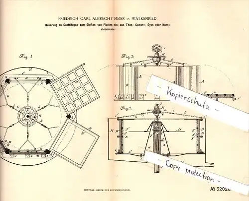 Original Patent - F.C. Meier in Walkenried b. Osterode a. Harz , 1884 , Centrifuge zum Gießen von Platten !!!