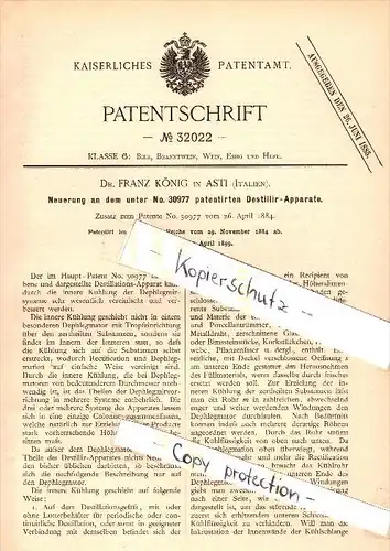 Original Patent - Dr. Franz König in Asti , Italia  Apparecchio per la distillazione , Alcol , fabbrica di birra !!!