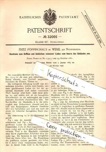 Original Patent - Fritz Pöppinghaus in Wesel am Niederrhein , 1885 , Apparat für Fensterläden , Hausbau , Bau  !!!