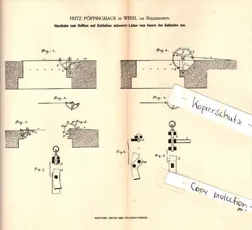 Original Patent - Fritz Pöppinghaus in Wesel am Niederrhein , 1885 , Apparat für Fensterläden , Hausbau , Bau  !!!