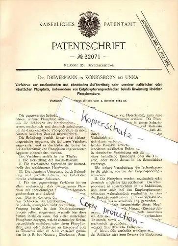 Original Patent - Dr. Drevermann in Königsborn b. Unna , 1883 , chemische Aufarbeitung von Phosphaten , Chemie , Labor !
