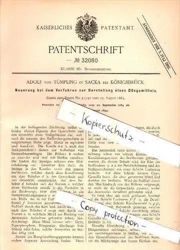 Original Patent - Adolf von Tümpling in Sacka / Thiendorf b. Königsbrück , 1884, Darstellung von Dünger , Landwirtschaft