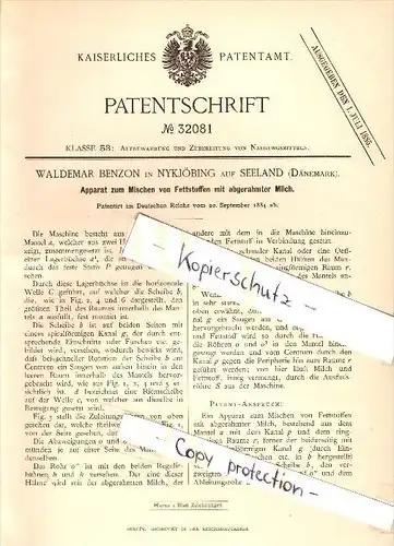 Original Patent - Waldemar Benzon in Nyköbing Falster , 1884 , Apparat zum Mischen von Fett mit Milch , Nykøbing !!!