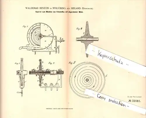 Original Patent - Waldemar Benzon in Nyköbing Falster , 1884 , Apparat zum Mischen von Fett mit Milch , Nykøbing !!!