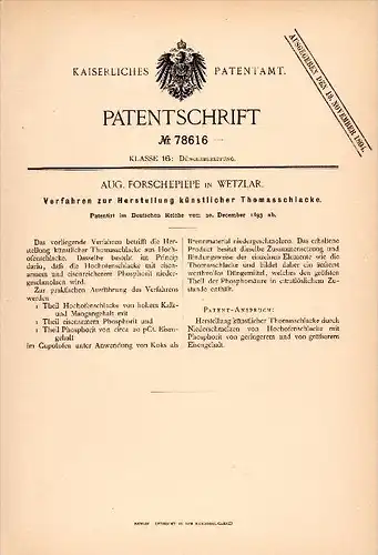 Original Patent - August Forschepiepe in Wetzlar , 1893 , Herstellung von Schlacke , Dünger , Landwirtschaft !!!