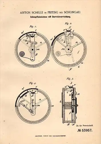 Original Patent -A. Schelle in in Peiting b. Weilheim - Schongau ,1890, Dose für Schnupftabak , Schnupftabakdose , Tabak