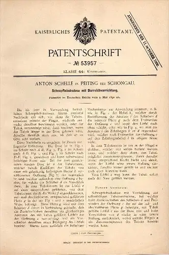 Original Patent -A. Schelle in in Peiting b. Weilheim - Schongau ,1890, Dose für Schnupftabak , Schnupftabakdose , Tabak