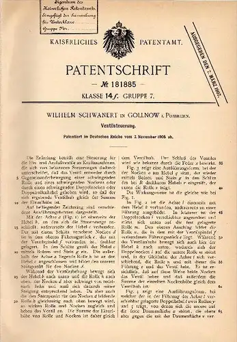 Original Patent - Wilhelm Schwanert in Gollnow i. Pommern / Goleniów , 1905, Ventilsteuerung , Motorenbau , Maschinenbau