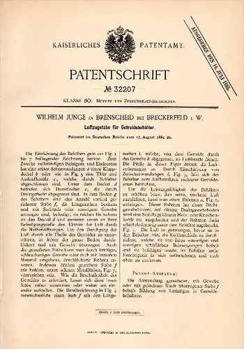 Original Patent - Wilhelm Junge Brenscheid b. Breckerfeld i.W., 1884, Luftzugstäbe für Getreidebehälter , Landwirtschaft