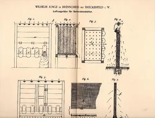 Original Patent - Wilhelm Junge Brenscheid b. Breckerfeld i.W., 1884, Luftzugstäbe für Getreidebehälter , Landwirtschaft