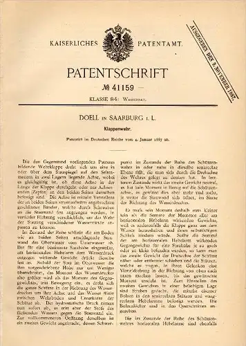 Original Patent - Doell dans Saarburg / Sarrebourg i. Lothringen , 1887 , Déversoir rabat , barrage , hydraulique !!!