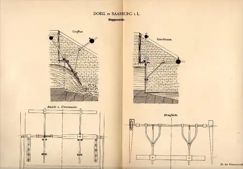 Original Patent - Doell dans Saarburg / Sarrebourg i. Lothringen , 1887 , Déversoir rabat , barrage , hydraulique !!!