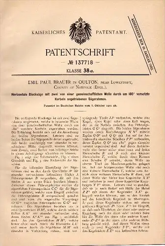 Original Patent - E.P. Brauer in Oulton near Lowestoft , 1901 , horizontal block saw , sawmill , Norfolk !!!