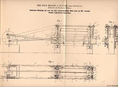 Original Patent - E.P. Brauer in Oulton near Lowestoft , 1901 , horizontal block saw , sawmill , Norfolk !!!