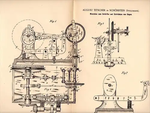 Original Patent - August Titscher in Schönstein / Sostanj , 1888 , Maschine zum Schärfen von Sägen , Holz , Steiermark !
