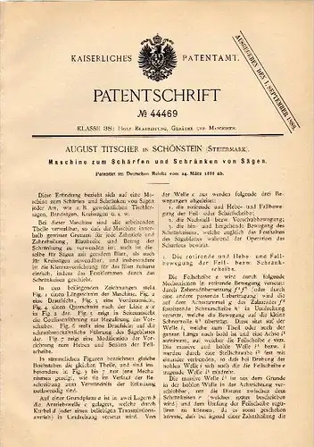 Original Patent - August Titscher in Schönstein / Sostanj , 1888 , Maschine zum Schärfen von Sägen , Holz , Steiermark !