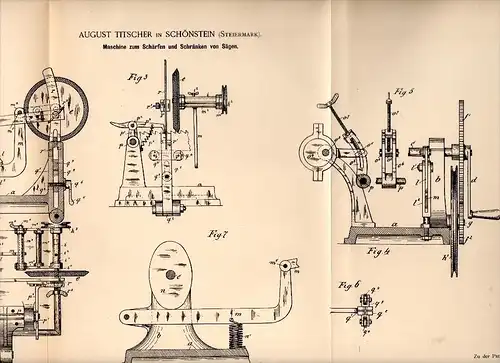 Original Patent - August Titscher in Schönstein / Sostanj , 1888 , Maschine zum Schärfen von Sägen , Holz , Steiermark !