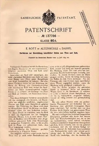 Original Patent - E. Rott in Altenmühle b. Dassel , 1899 , künstliche Steine aus Kalk und Ton , Northeim !!!
