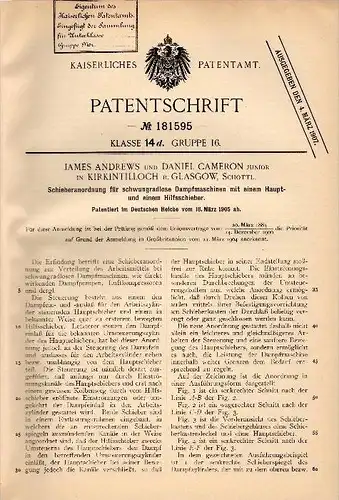 Original Patent - J. Andrews and D. Cameron in Kirkintilloch , Scotland , 1905 , Slider for steam engines , Glasgow !!!
