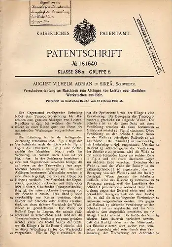 Original Patent - A.V. Adrian in Sikea b. Robertsfors kommun , 1906 , Apparat für Holzmaschinen , Holz , Tischlerei !!!