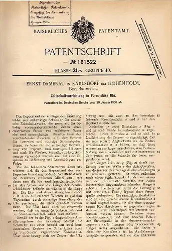 Original Patent -  Ernst Damerau in Karlsdorf b. Hohenholm , 1906 , Uhr als Zeitschalter , Bromberg !!!