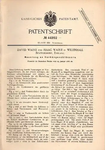 Original Patent - Isaac Waine in Willenhall , Staffordshire , 1888 , Padlock, key service !!!