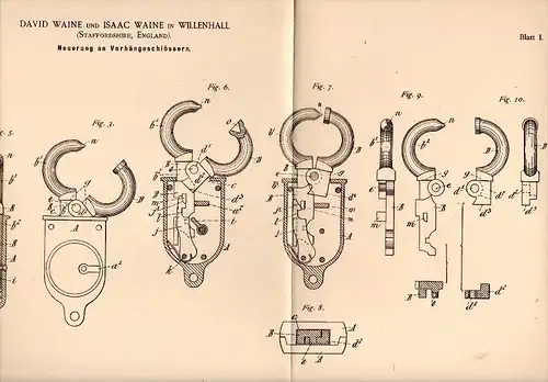 Original Patent - Isaac Waine in Willenhall , Staffordshire , 1888 , Padlock, key service !!!