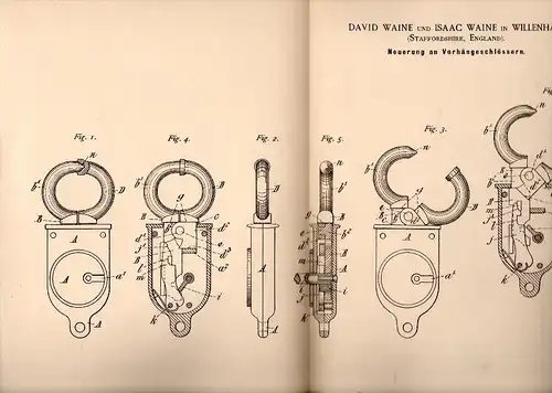 Original Patent - Isaac Waine in Willenhall , Staffordshire , 1888 , Padlock, key service !!!