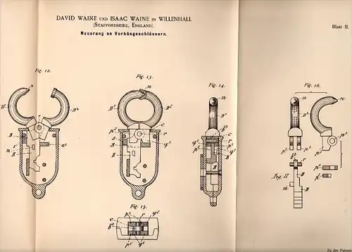 Original Patent - Isaac Waine in Willenhall , Staffordshire , 1888 , Padlock, key service !!!