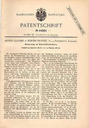 Original Patent - Alfred Leather in North Ground , Villa Portsmouth , 1888 , Fuze for projectiles , ammunition !!!