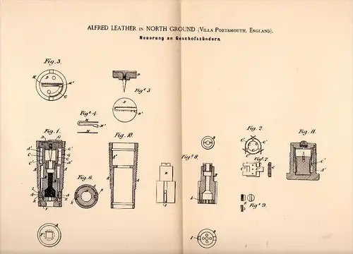 Original Patent - Alfred Leather in North Ground , Villa Portsmouth , 1888 , Fuze for projectiles , ammunition !!!