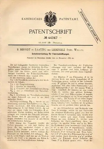 Original Patent - R. Berndt in Laatzig b. Liebeseele , Insel Wollin , 1887 , Schutz für Fahrstuhl , Lift , Laska , Wolin