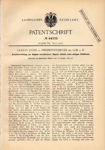 Original Patent - Gustav Conz in Niederstotzingen b. Ulm a.D., 1887 , Schaltapparat für Signale !!!