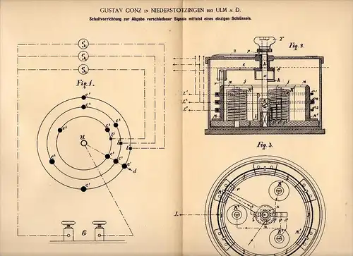 Original Patent - Gustav Conz in Niederstotzingen b. Ulm a.D., 1887 , Schaltapparat für Signale !!!