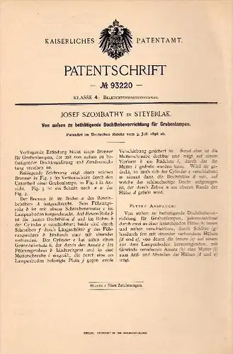 Original Patent -  J. Szombathy in Steyerlak / Stájerlakanina , 1896 , Lampe , Grube , Bergbau , Steierdorf , Anina !!!