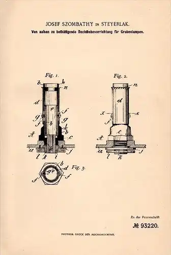 Original Patent -  J. Szombathy in Steyerlak / Stájerlakanina , 1896 , Lampe , Grube , Bergbau , Steierdorf , Anina !!!
