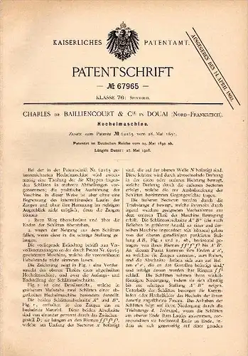 Original Patentschrift - Charles de Baillencourt dans Douai , 1892 , Machine pour la filature, rouet !!!