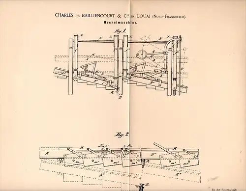 Original Patentschrift - Charles de Baillencourt dans Douai , 1892 , Machine pour la filature, rouet !!!