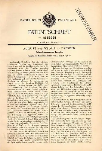 Original Patentschrift - August von Wedell in Dresden , 1891 , selbsteinkassierendes Fernglas !!!