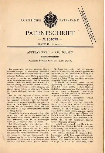 Original Patentschrift - Andreas Wolf in Kaufbeuren , 1898 , Fahrkarten - Kästchen , Verkauf !!!