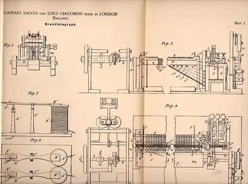 Original Patentschrift - G. Sacco und L. Giacomini in London , 1892 , printing telegraph , telegraphy , Telegraphie !!!