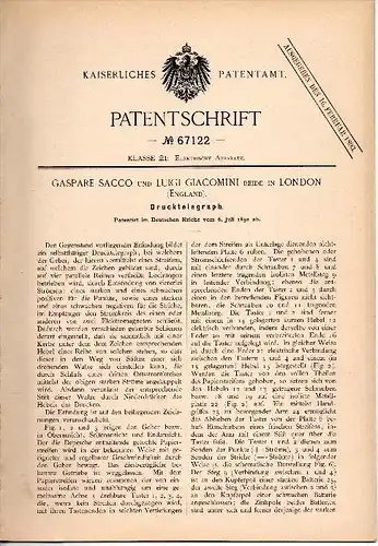 Original Patentschrift - G. Sacco und L. Giacomini in London , 1892 , printing telegraph , telegraphy , Telegraphie !!!