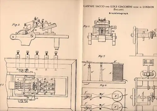 Original Patentschrift - G. Sacco und L. Giacomini in London , 1892 , printing telegraph , telegraphy , Telegraphie !!!