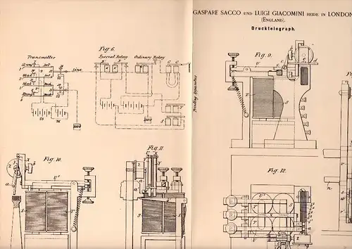 Original Patentschrift - G. Sacco und L. Giacomini in London , 1892 , printing telegraph , telegraphy , Telegraphie !!!