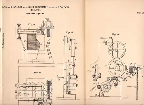 Original Patentschrift - G. Sacco und L. Giacomini in London , 1892 , printing telegraph , telegraphy , Telegraphie !!!