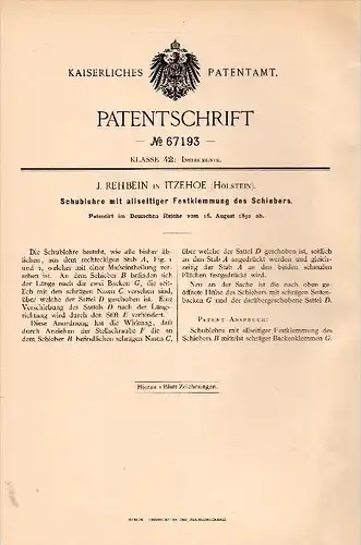 Original Patentschrift - J. Rehbein in Itzehoe , Holstein , 1892 , Schieblehre , Metallbau , Instrument , Werkzeug !!!